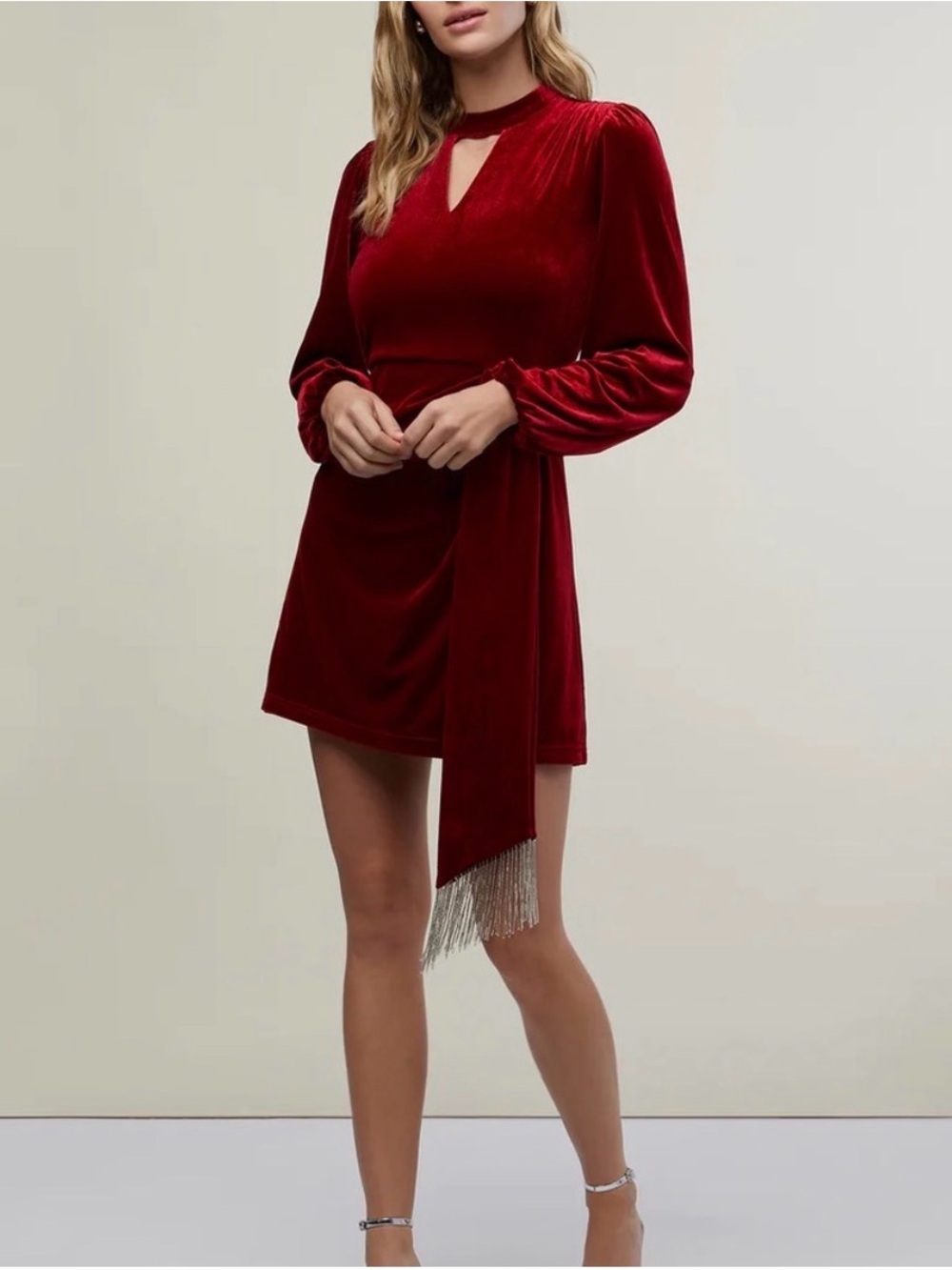 Rachel Parcell Burgundy Velvet Mini Dress with Fringe Sash